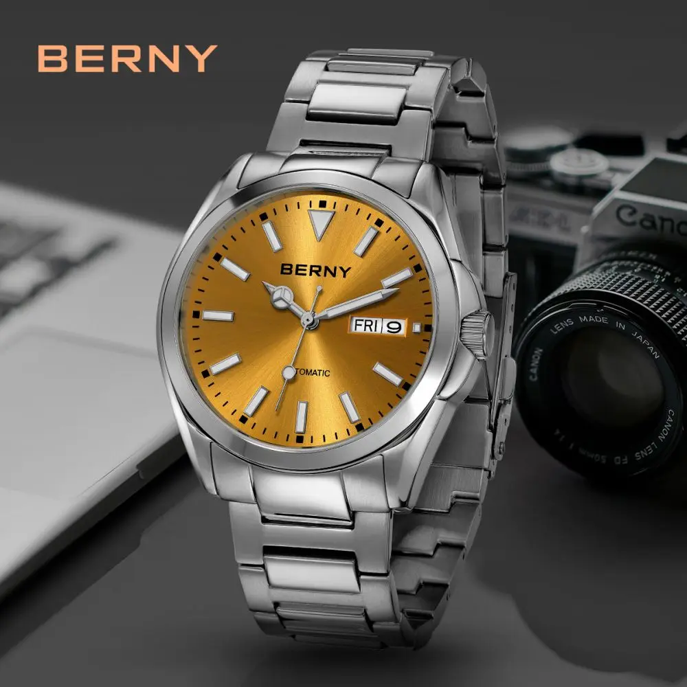 BERNY Automatikuhren für Herren, superleuchtend, Datum und Woche, mechanische Herrenuhr, komplett aus Edelstahl, Armbanduhr NH36, Saphir – Detail 1