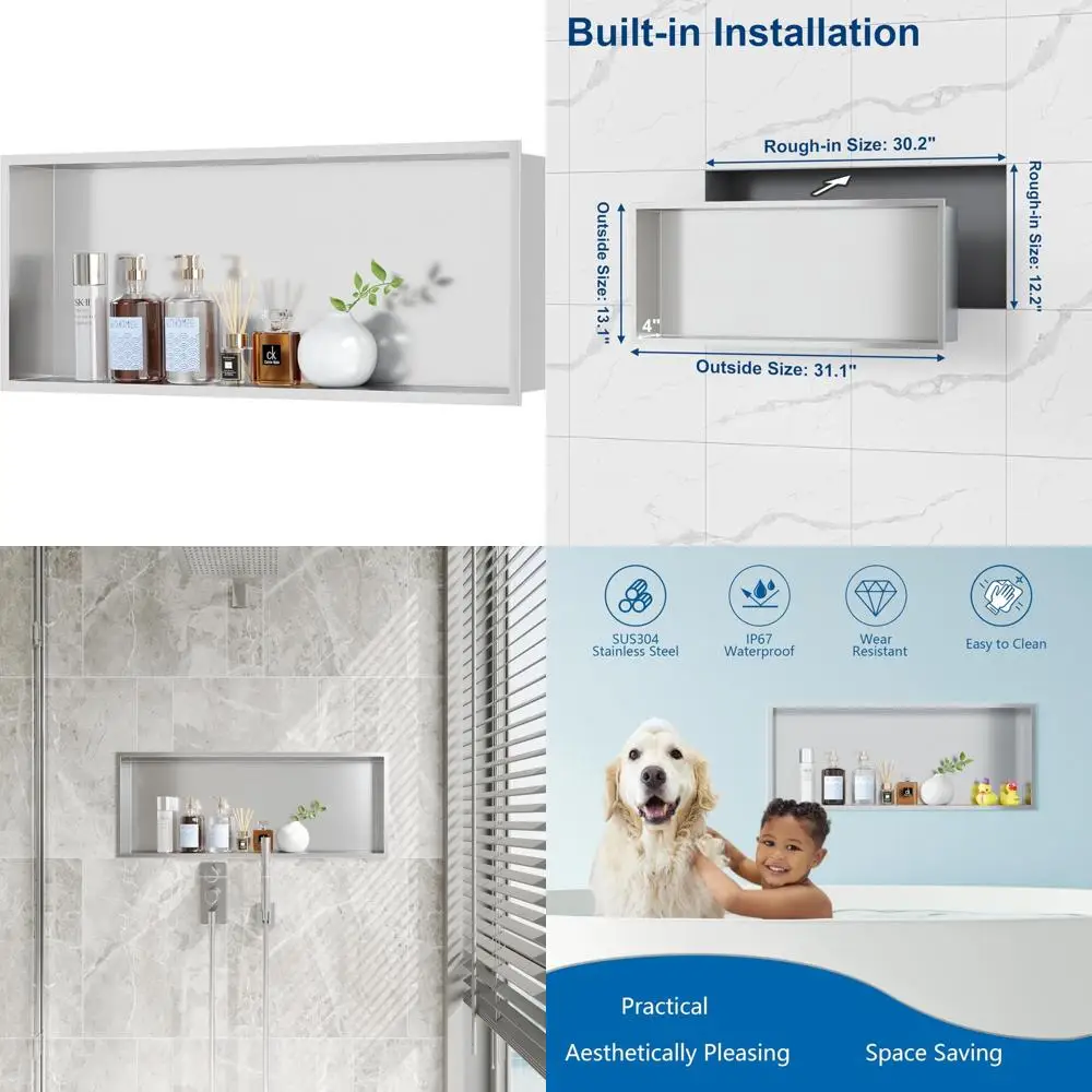

Neodrain 30x12 Inch Recessed Brushed Stainless Steel Shower Niche - No Tile Required Bathroom Wall Shelf for Bath