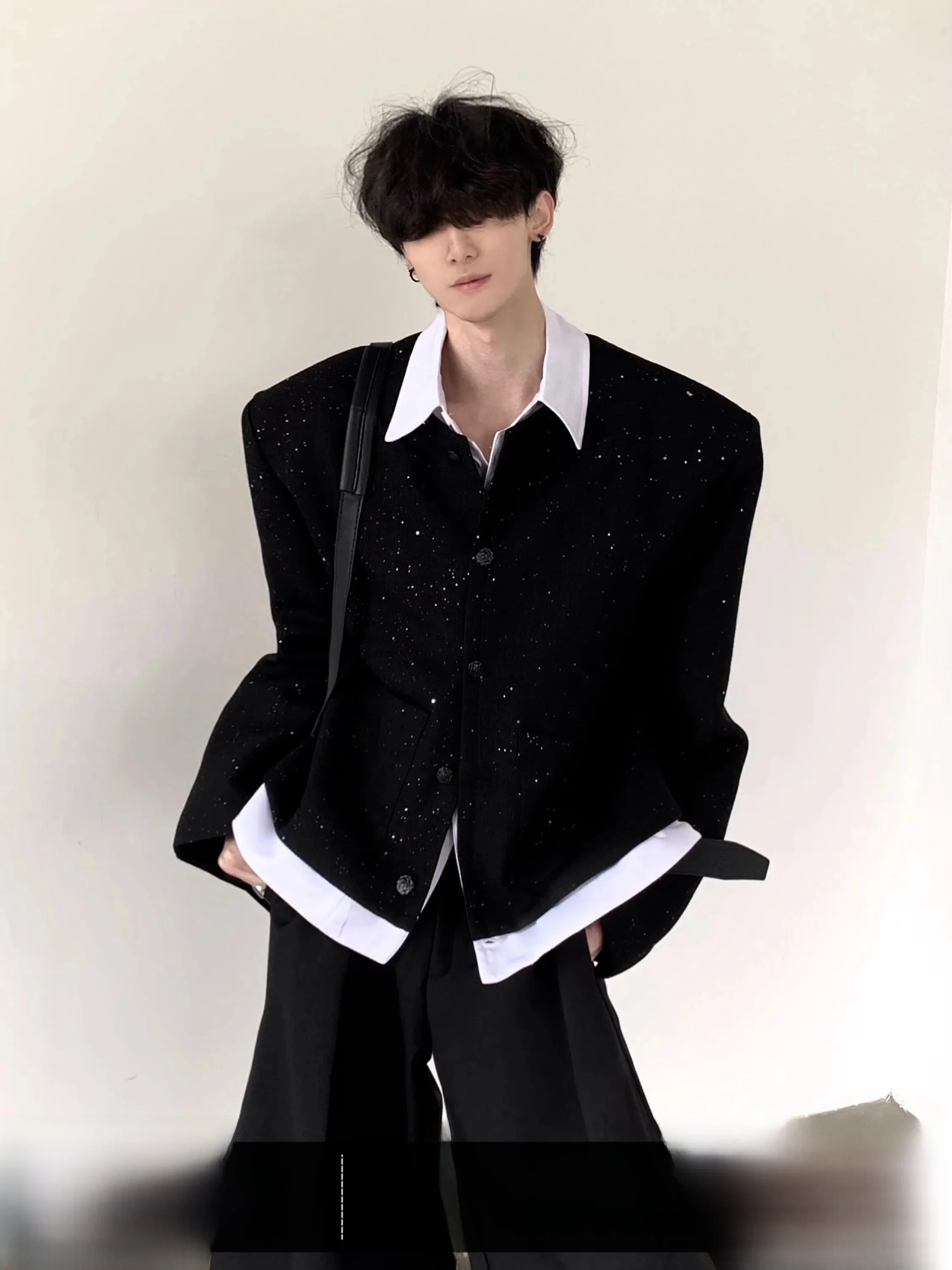 Autumn Mountain Wind Luxury Short Quilted Shoulder Pad Jacket Men's Sparkling Two-Piece Fake Design Fragrance Style Coat