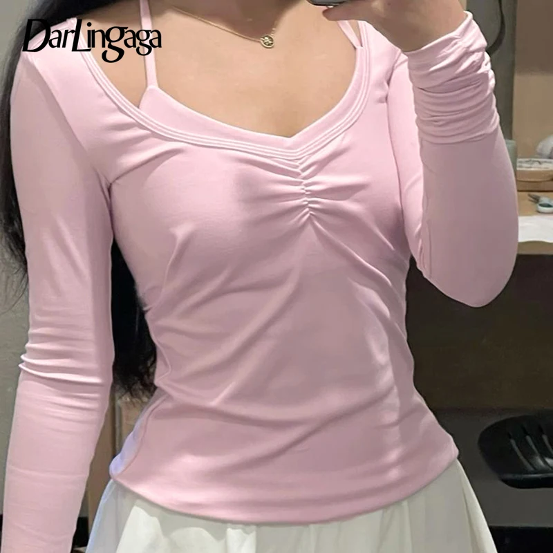 Darlingaga Hotsweet Folds Halter Neck Pink Women T-shirts Slim Long Sleeve Korean Girls Fall Top Tee Cute Coquette Y2K Outfits