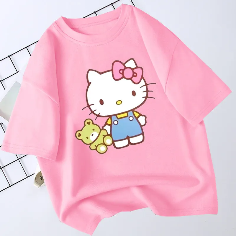 

Детская футболка Hello Kitty 2026: Новинка лета, хлопок, круглый вырез, модная, персонализированная, с коротким рукавом, для родителей и детей