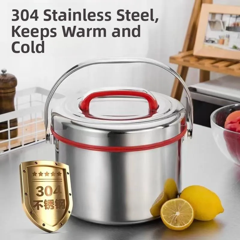 

Large Capacity Stainless Steel 304 Double Layer Insulated Food Warmer with Handheld Lunch Box Commercial Grade Pot Lid Bucket