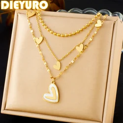 DIEYURO 316L Stainless Steel Golden White Shell Heart Shape Multilayer Necklace For Womens New Fashion Neck Chain Jewelry Gift