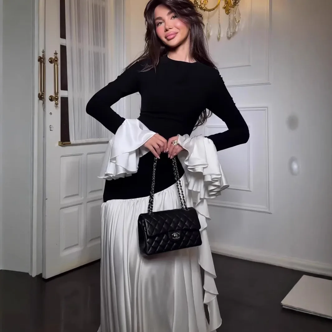 Women's Elegant Colorblock Patchwork Crew Neck Waist Cinched Slimming Flare Maxi Commuter Design Niche Mature French Daily Dress