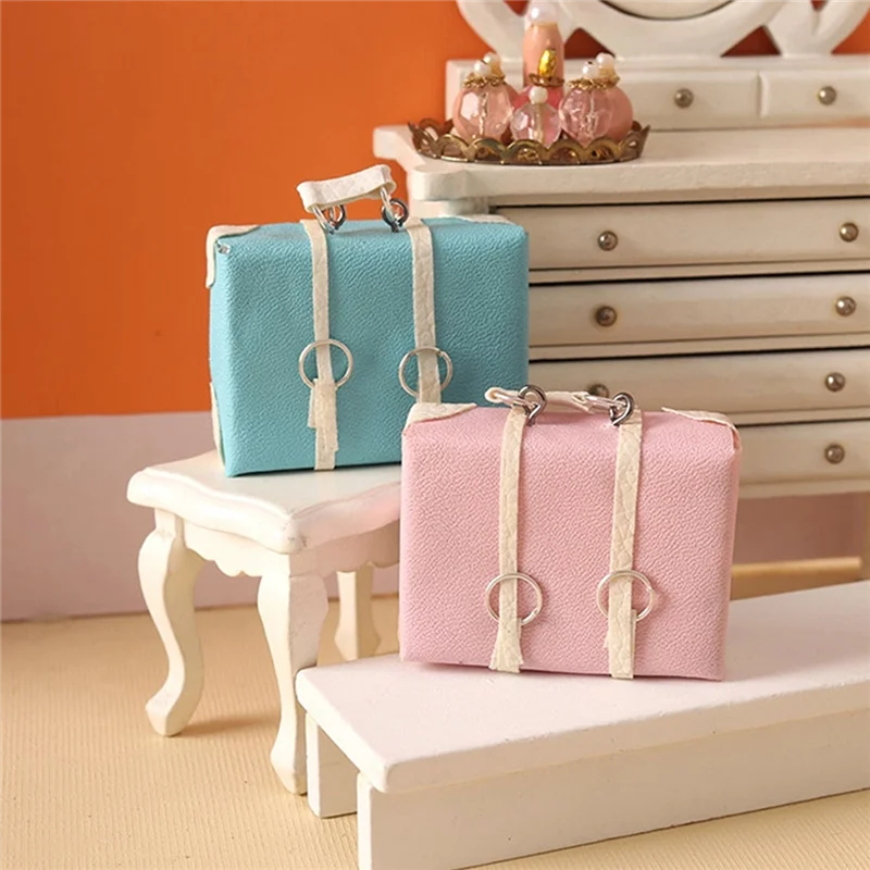 1:12 Dollhouse Miniature Leather Luggage Briefcase Handbag Vintage Suitcase Model Home Life Scene Decor Accessories Blue