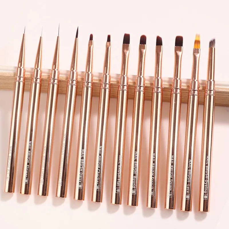 1/12개 골드 네일 아트 브러쉬 다이아몬드 그라데이션 네일 브러쉬 라인 페인팅 브러쉬 네일 크리스탈 아크릴 라이너 드로잉 펜