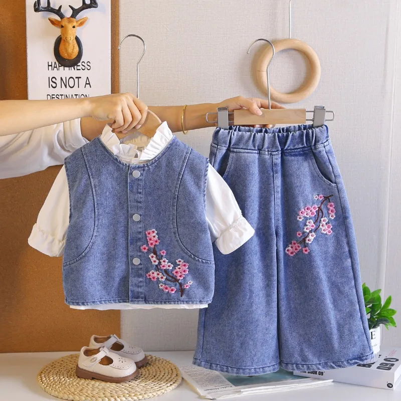 2026 Spring Autumn Girls Three Piece Set Classic Denim Vest Design Stylish and Layered Soft Touch Without Rubbing Skin Long