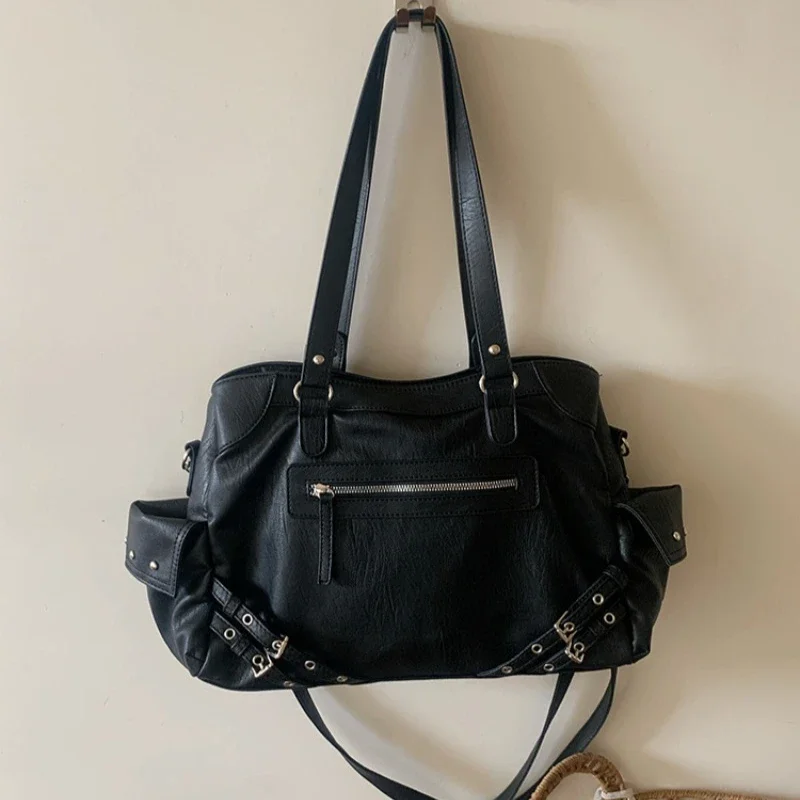 Retro Motorcycle Bag Spicy Girl New Korean Ins Large Capacity Leisure Black Versatile One Shoulder Crossbody Tote
