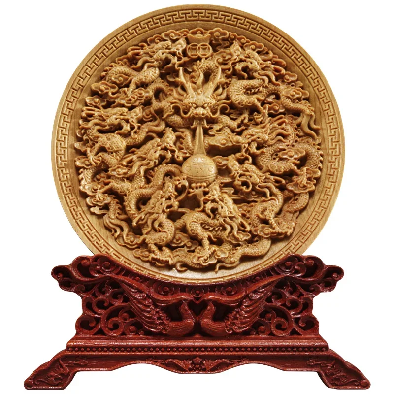 

Natural Thuja Wood 14CM Decorative Dish Sculpture Boat Wood Wealth Carving Lucky Gift Collection Dragon Phoenix Home Decor