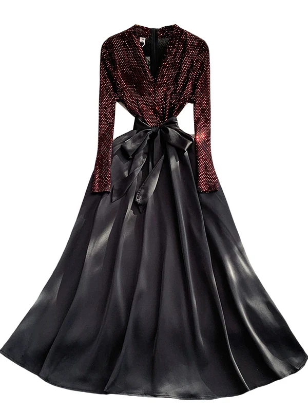 تنورة Ele Long Satin Dr للسيدات على شكل حرف V مزينة بالترتر وخصر مجمع على شكل حرف a تنورة رسمية Ocn عالية الخصر مادة حريرية