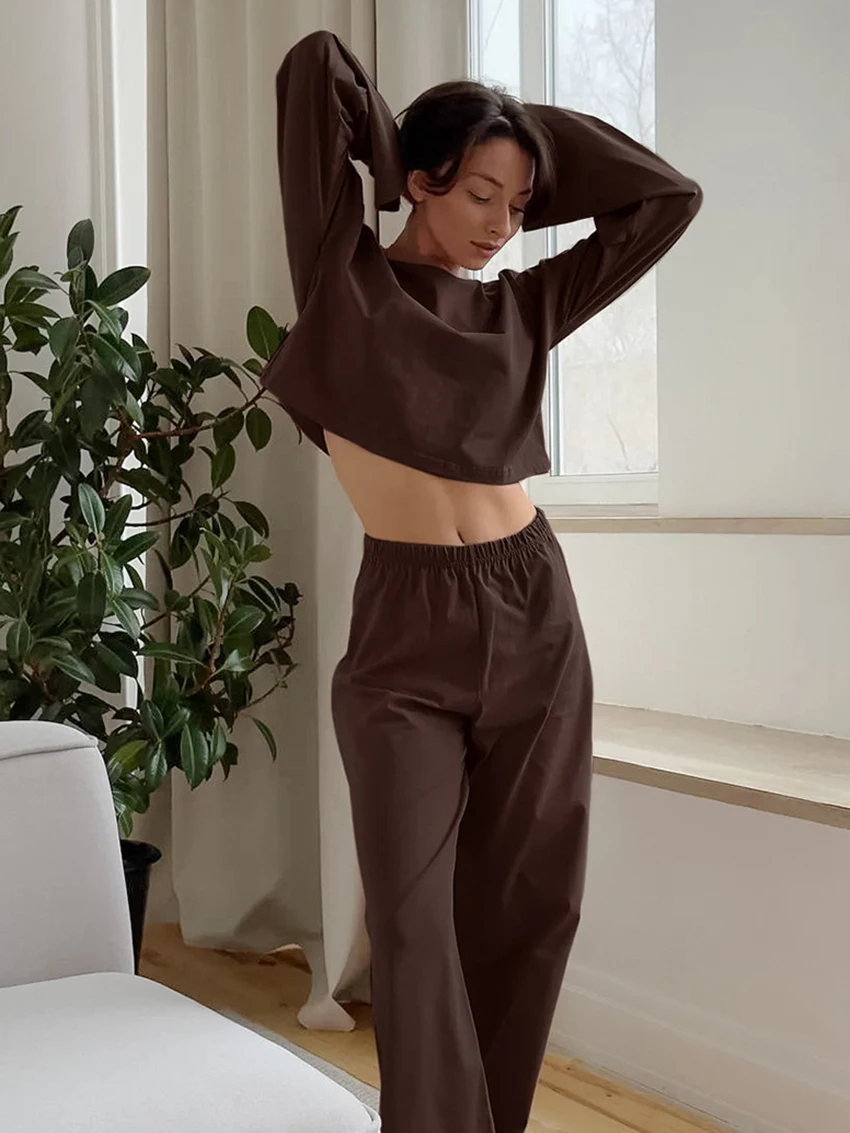

Marthaqiqi Casual Female Nightgowns Suit Long Sleeve Pajamas O-Neck Sleepwear Crop Top Nightwear Pants Loose Women Nightie Sets