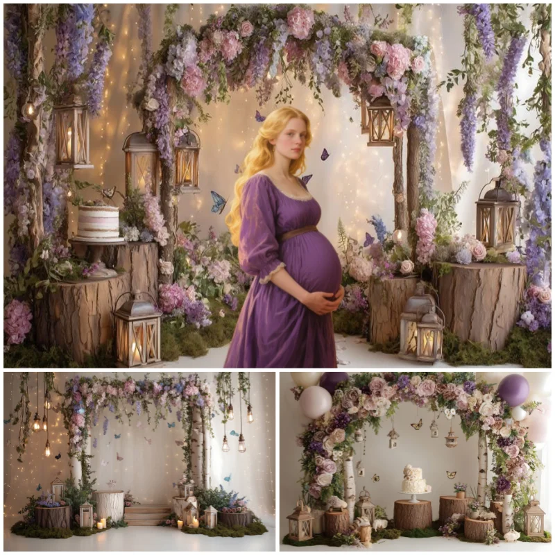 

Birthday Party Decoration Backgrounds for Photographs Wedding Scene Purple Flowers Cake Butterfly Photography Backdrop Photocall