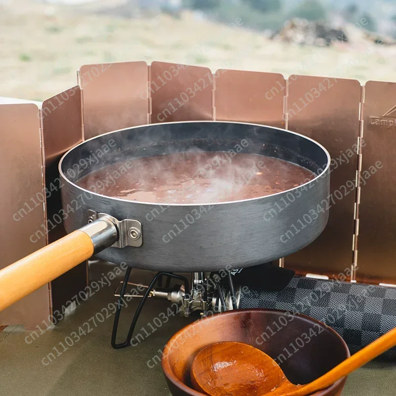 Large Frying Pan Wooden Handle Version Outdoor Camping Portable Non-stick Folding Pan