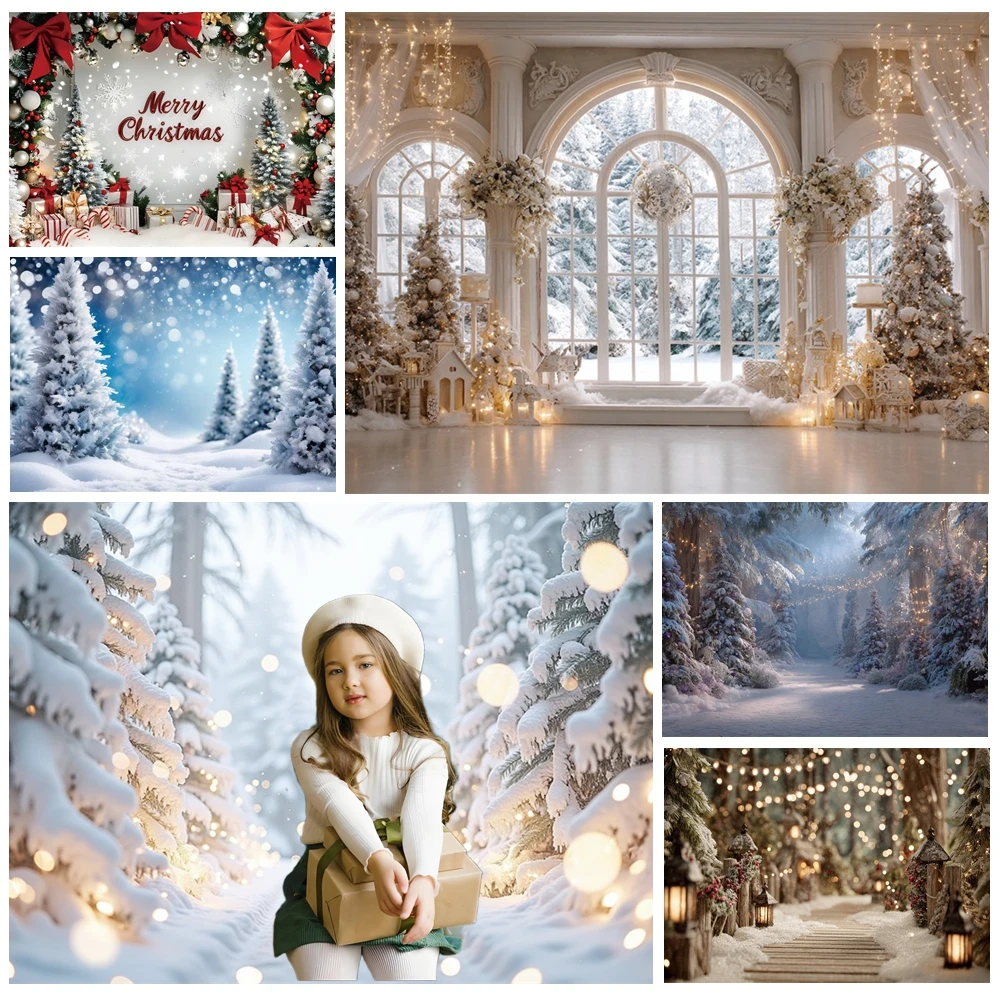 

MOON.QG New Tear Christmas Tree Backdrop Snowflake Pine Castle Photo Background Decoration Photography Accessories Studio Poster