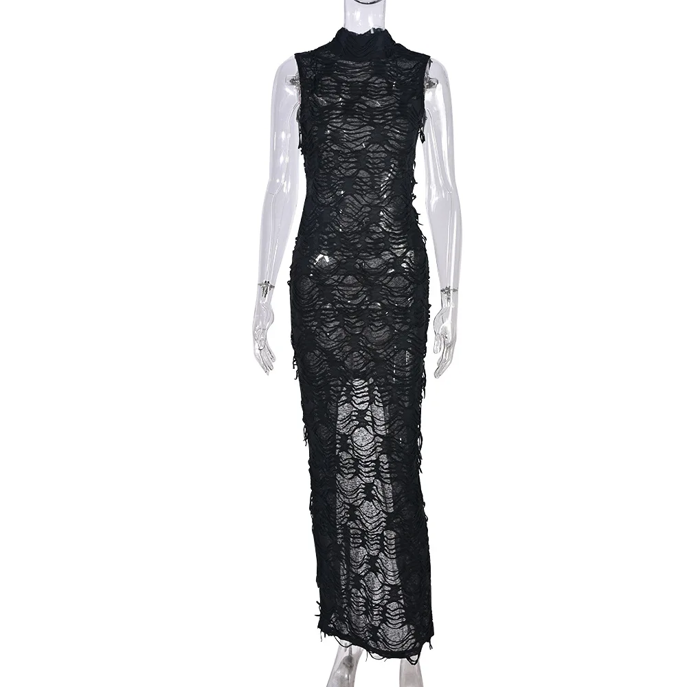 DSMTRC estate o-collo Skinny Night Club Bodcyon Split abiti donna Party senza maniche Sexy Mesh Sheer Maxi Dress abbigliamento 2024