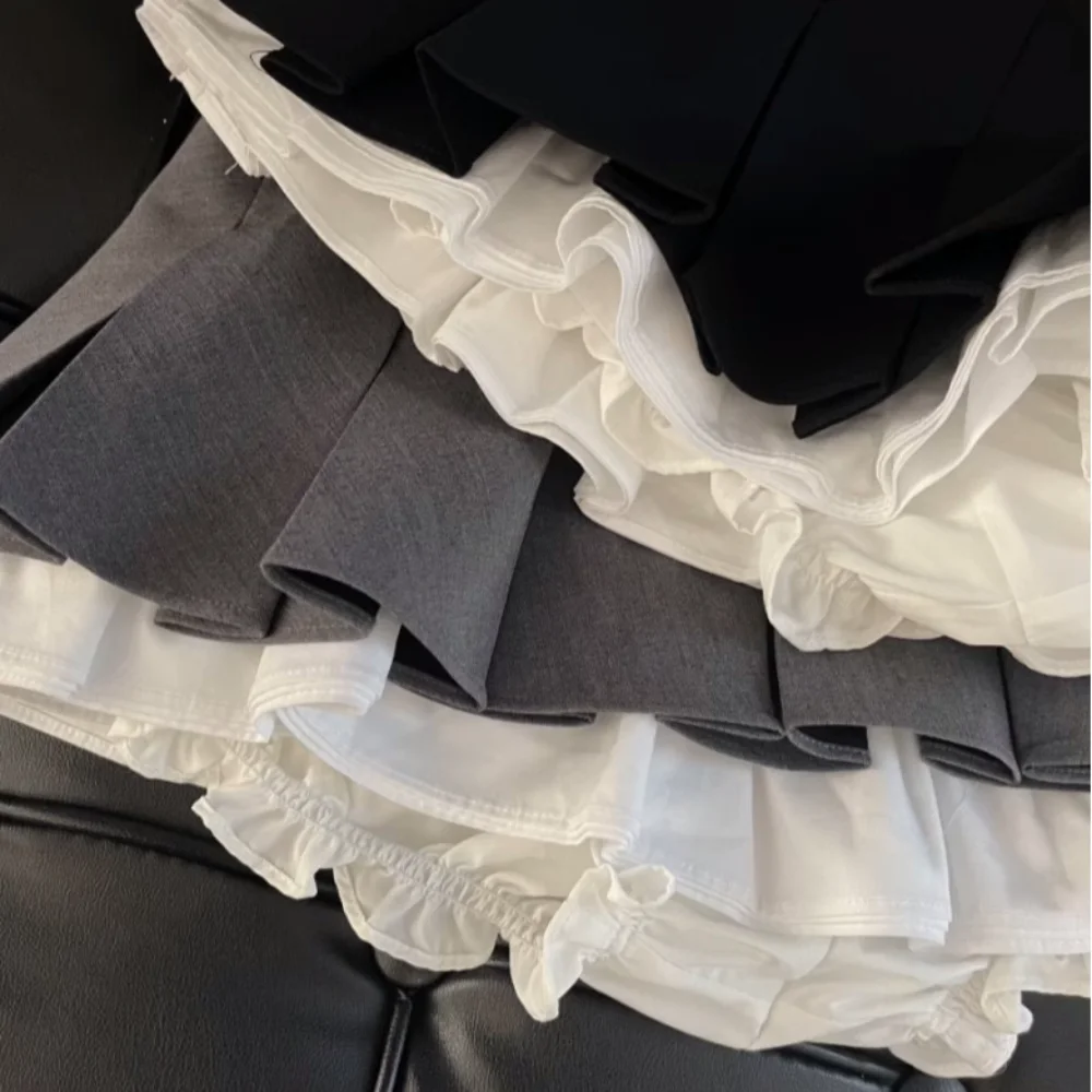 Kawaii Ruffles Mini Skirt High Waist Patchwork A Line Skirt All Match Pleated Skirts for Women