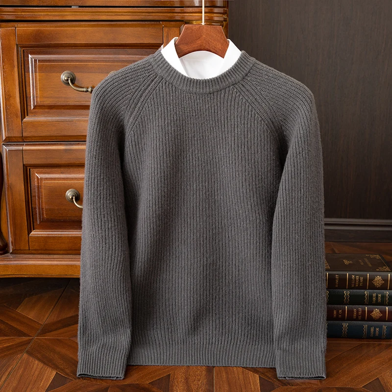 Classic Men Business Casual Sweater 100% Pure Australian Wool Pullover O-Neck Vertical stripe style Warm Thick High-quality Tops