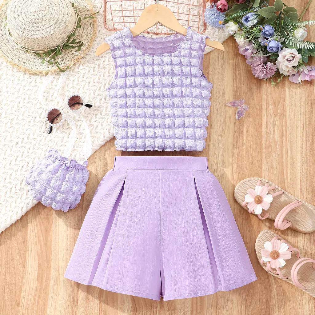 3 Pcs Set Teen Girls Clothes Summer Sleeveless Top+Short+Bag 8 9 10 11 12 Years Old Bubble Fabric Kids Girl Suit Children Outfit