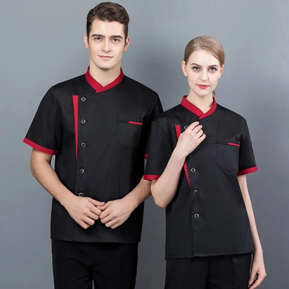 Chef profissional uniformes para restaurante e cozinha, jaqueta respirável, mangas curtas, gola camisa, roupas de trabalho