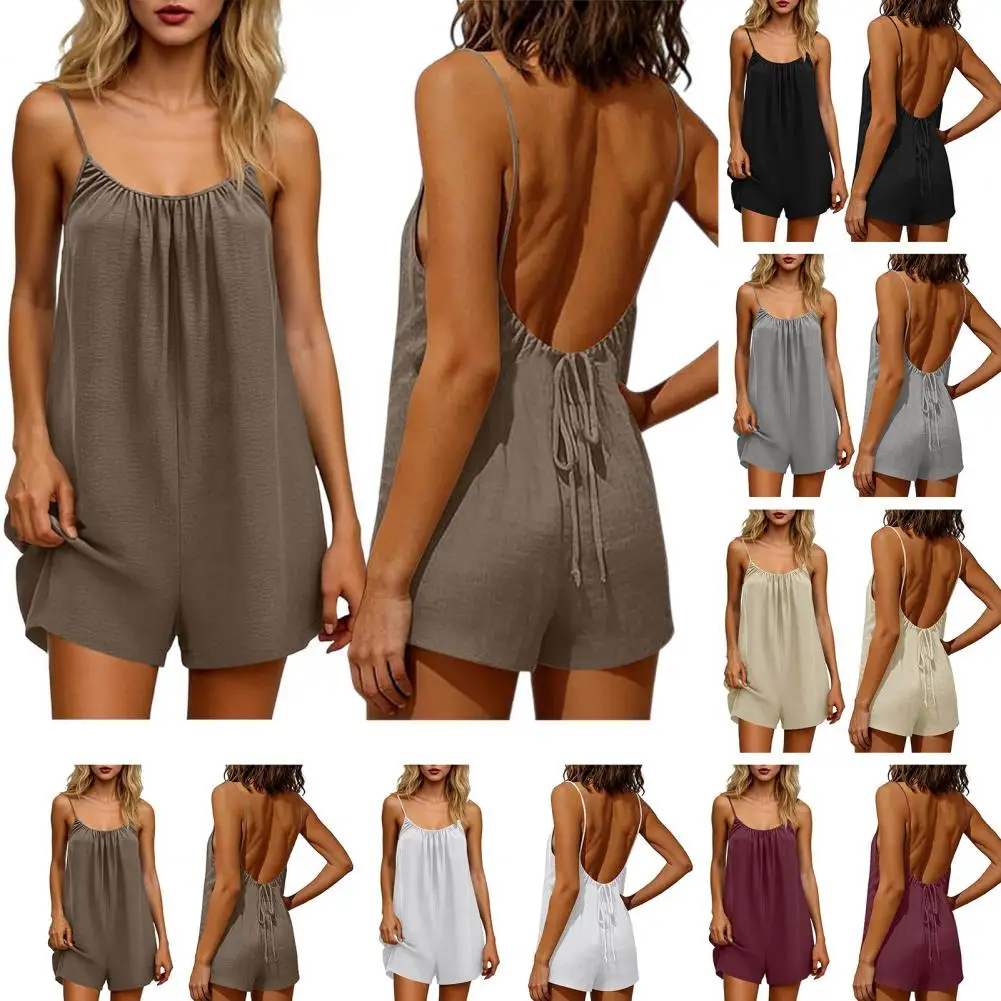 

Women's Summer Sleeveless Romper Casual Backless Cami Linen Jumpsuits Beach Vacation One Piece Lounge Outfits