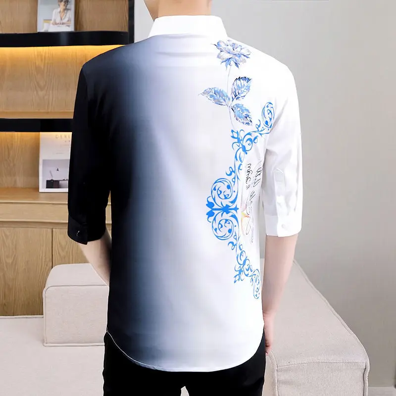 Summer KPOP Fashion Style Harajuku Slim Fit Ropa Hombre All Match Casual Shirt Square Neck Printed Button Short Sleeve Blusa