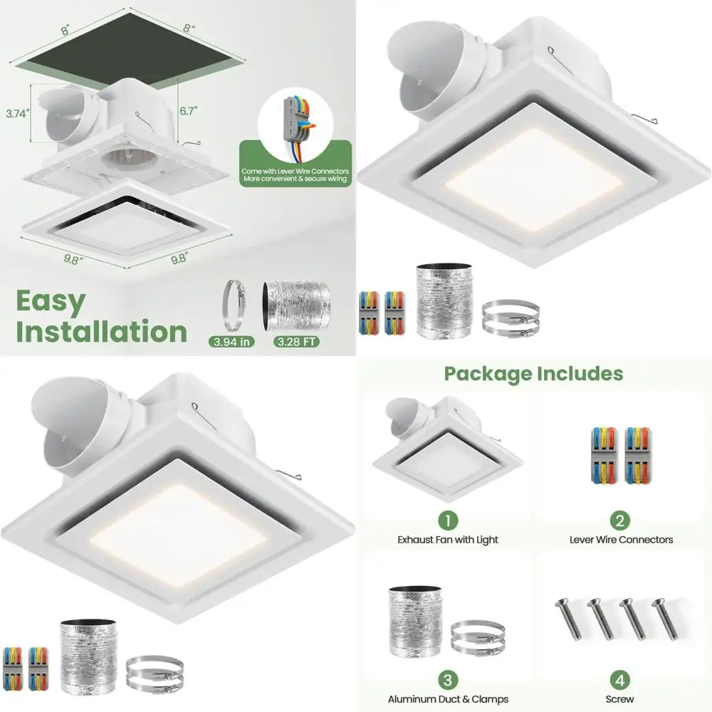 

10 Inch Exhaust Fan with Light, 110CM Ventilation Fan with 3000K/4500K/6000K, 12W Quiet Bathroom Fan with Lever Wire Control & D