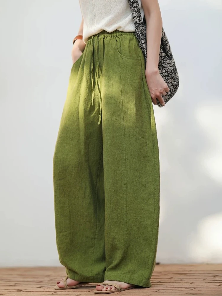 

100% Linen Women Casual Pants New Arrival 2025 Spring Vintage Style Solid Color Loose Female High Waist Wide Leg Pants M1401