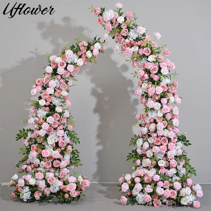 

Uflower Pink Rose Greenery Floral Arrangement Decor Horn Arch Wedding Backdrop Floor Flower Row Event Stage Banquet Party Props