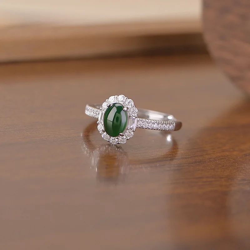 

Oval Cut Green Jade Cabochon Halo CZ Pave 925 Sterling Silver Ring for Women