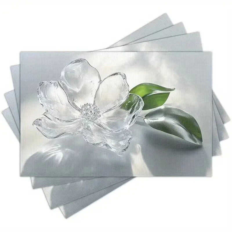 Crystal Magnolia Flower Placemat Elegant Transparent Glass‑Effect Floral Anti-fouling Table Mat for Modern Kitchen Decor