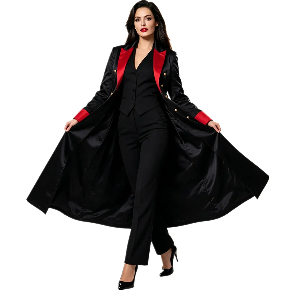 Women Magician Circus Ringmaster Performance Costume Long Sleeve Satin Tailcoat Jacket Coat for Halloween Carnival Party Cosplay