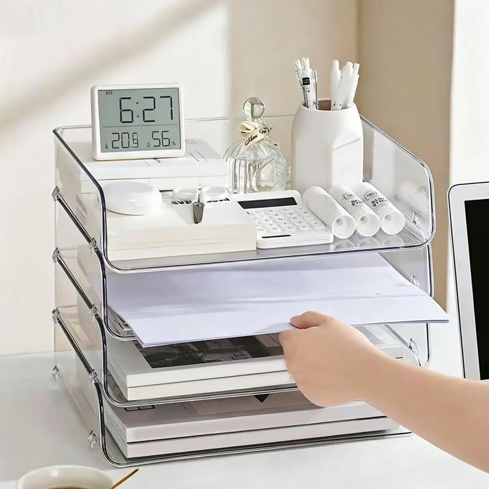 Large Capacity Desk Organizer for Documents Files Letters A4 Paper Book Notes Mail, Clear Stackable Paper Tray File Storage Tray