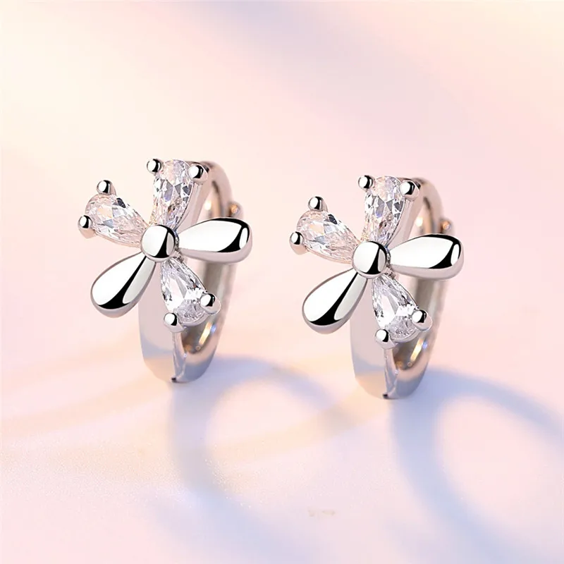 Cute CZ Flower Earrings Fine 925 Sterling Silver with AAA Cubic Zircon Stone Inlay Paved Hoop Loop Jewelry for Women