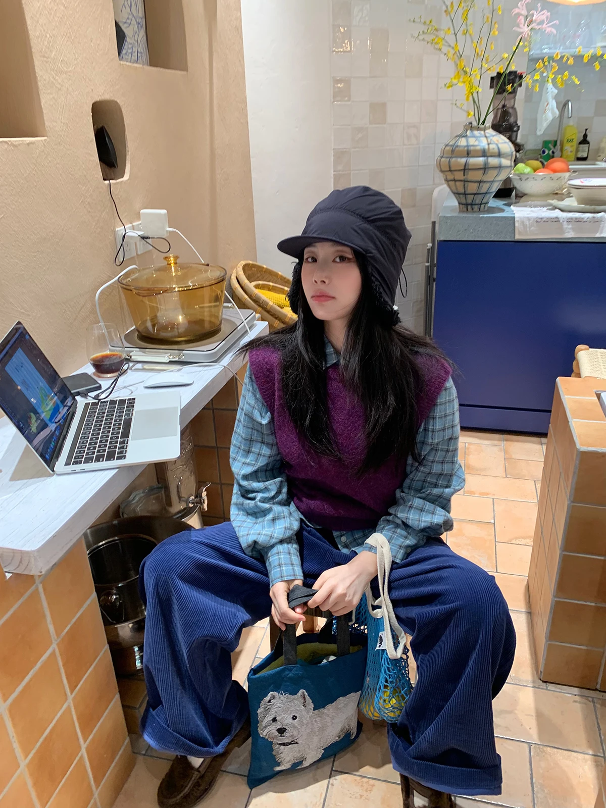 

Frida Blue Plaid Flannel irt Women's Faionable Layering Versatile Long Sve Loose Fit Button up Polyester Blend irt