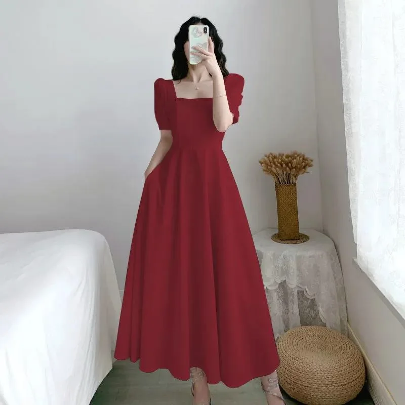 Slim Fit женское белое платье с объемными рукавами и квадратным вырезом, легкая длинная юбка в стиле ветра, летний повседневный халат в корейском стиле Femme Été