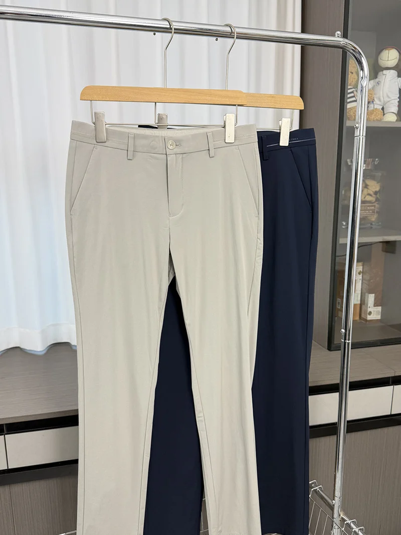 

Busin Casual Men's Lightweight Breathable Spring Summer Pants Elastic Drapey Silk Nylon Blend Straight Leg Trousers