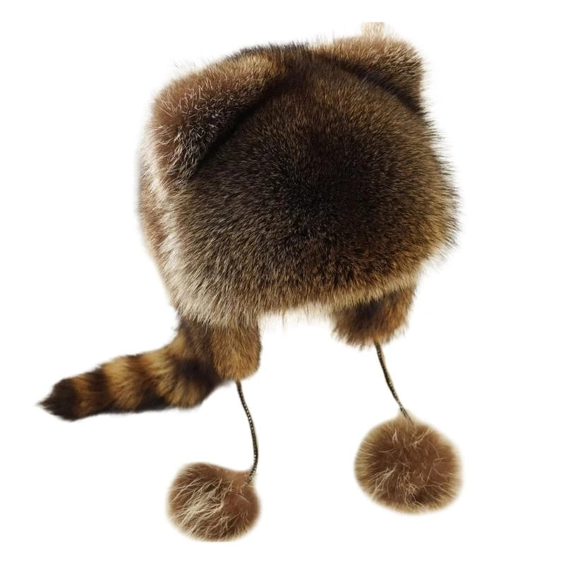 Thicken Plush Hat for Parent-Kids Windproof Plush Hat with Cute Raccoon Ear&Tail Adult Teens Winter Warm Mongolian Hat