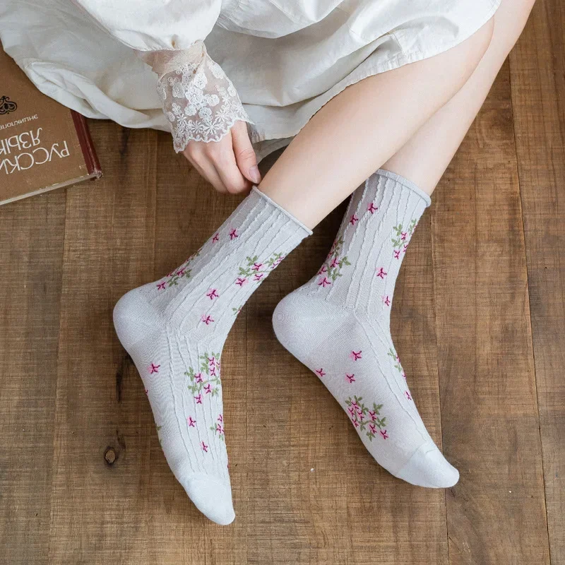 Frilly Ruffle Women Girls Socks Harajuku Retro Floral Embroidery Kawaii Cute Socks Korean Japanese Women Girs Lovely Crew Sock