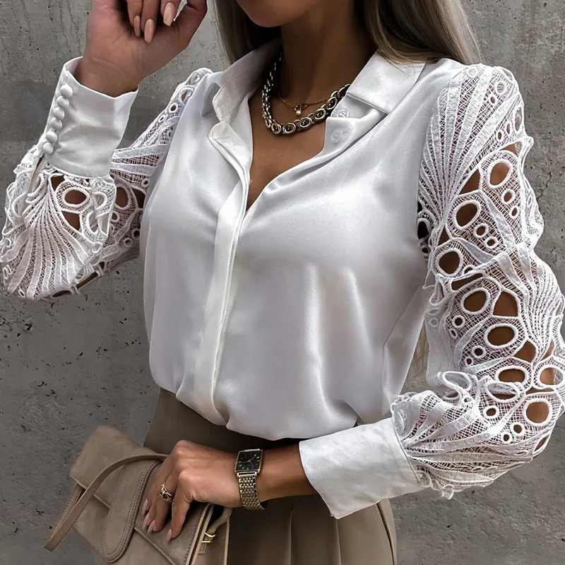 Biała koronka Patchwork Top Camisa Mujer wiosna lato Casual koszule z długim rękawem dla kobiet 2022 bluzki z wycięciami w stylu Vintage