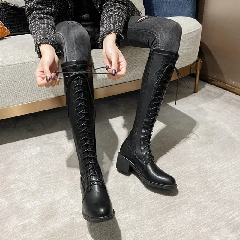 Flat Half High Boots Woman Winter 2024 Genuine Leather High Quality Chunky Platform Gothic Y2k Black Long Shoes For Women Trend