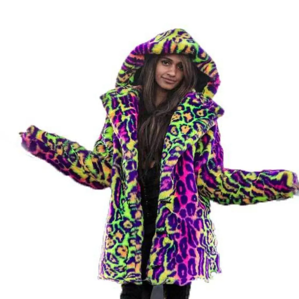 

Неоновая шуба с леопардовым принтом и капюшоном, женская верхняя одежда средней длины на осень-зиму, модная куртка из искусственного меха
