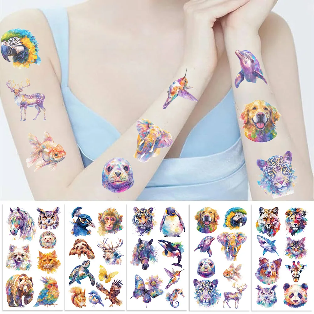 10 Stück coole Aquarell-Tier-Tattoo-Aufkleber, lustige Geburtstagsfeier, temporäre wasserdichte Tattoos, Aufkleber-Set, Kinderspielzeug, Geschenk