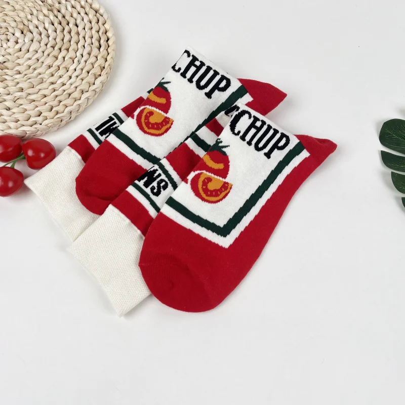 1 Pair Funny Tomato Ketchup Printed Mid-Calf Men Socks Suit In All Seasons