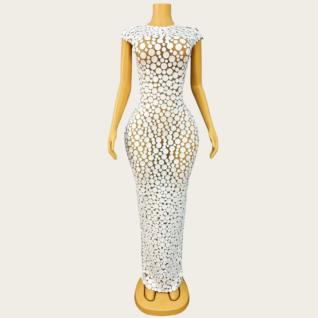 Xiaoxue Pure White Round Sequin Long Dress Club Fashionable Elegant Tight Fitting Evening Dress Sexy Women Cocktail Party Outfit