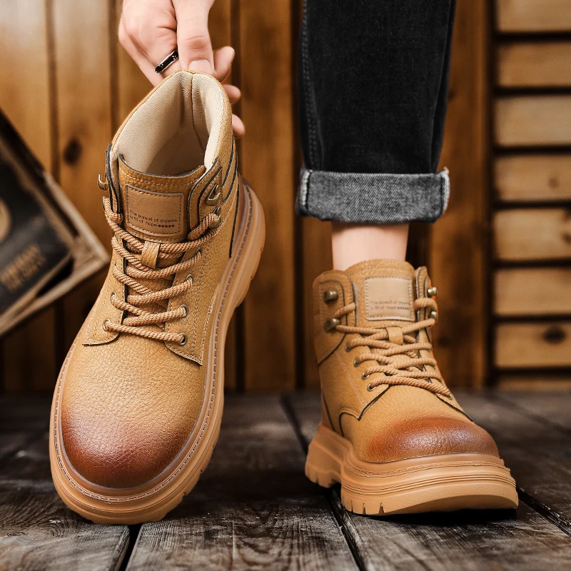 

2025 Men's winter casual lace-up flat round toe comfortable high-top boots