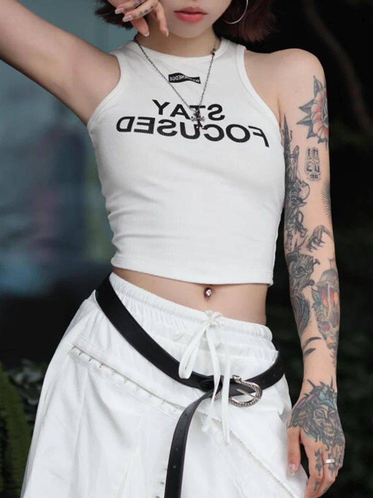 PBAP Summer White Tank Top for Woman Y2K Lounge Rib Knit Letter Printing Racerback Stretchy Crop Top Simple Workout Streetwear