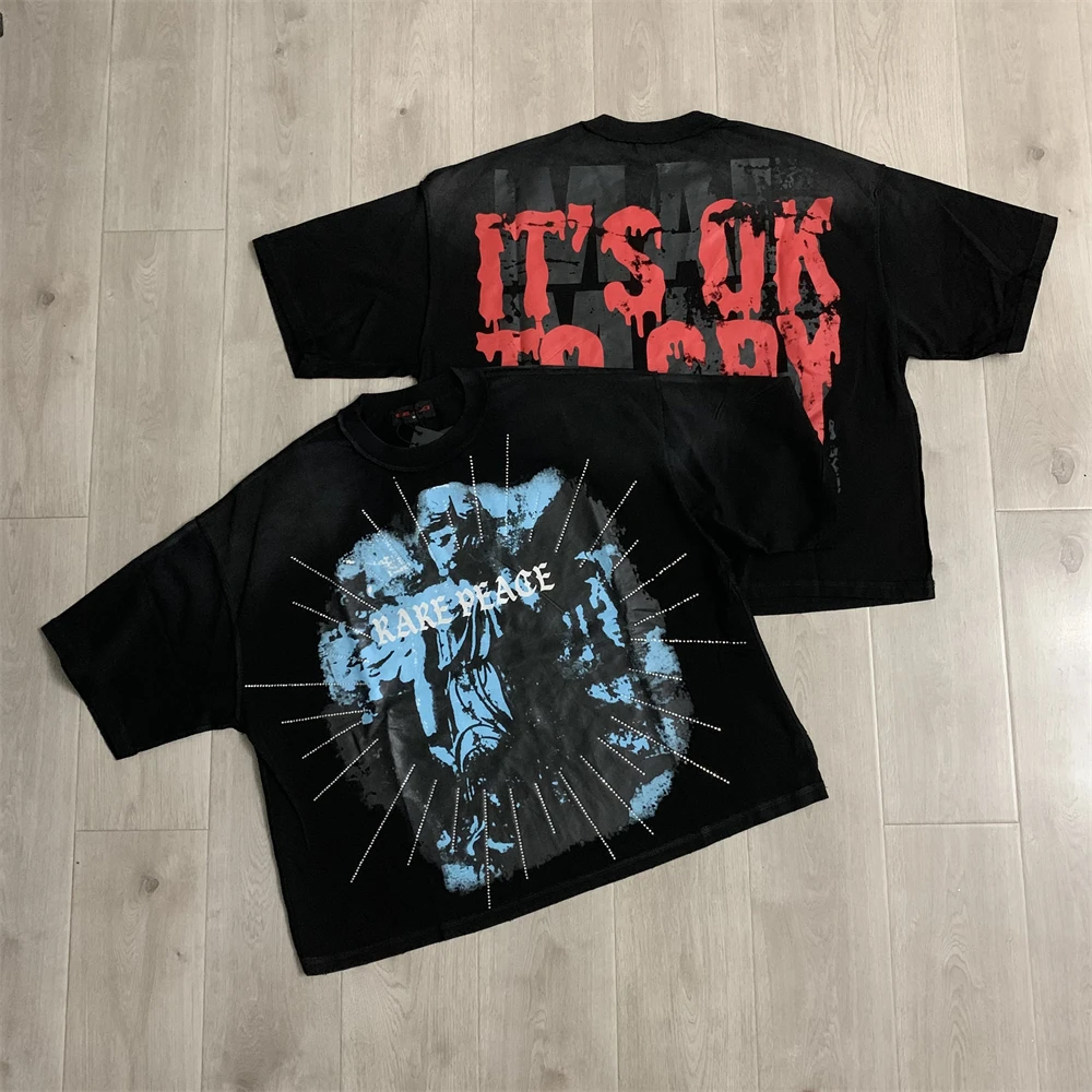 Oversized RARE PEACE It's OK To Cry Graphic Crop T Shirt Men Women Best Quality Tee Tops T-Shirt