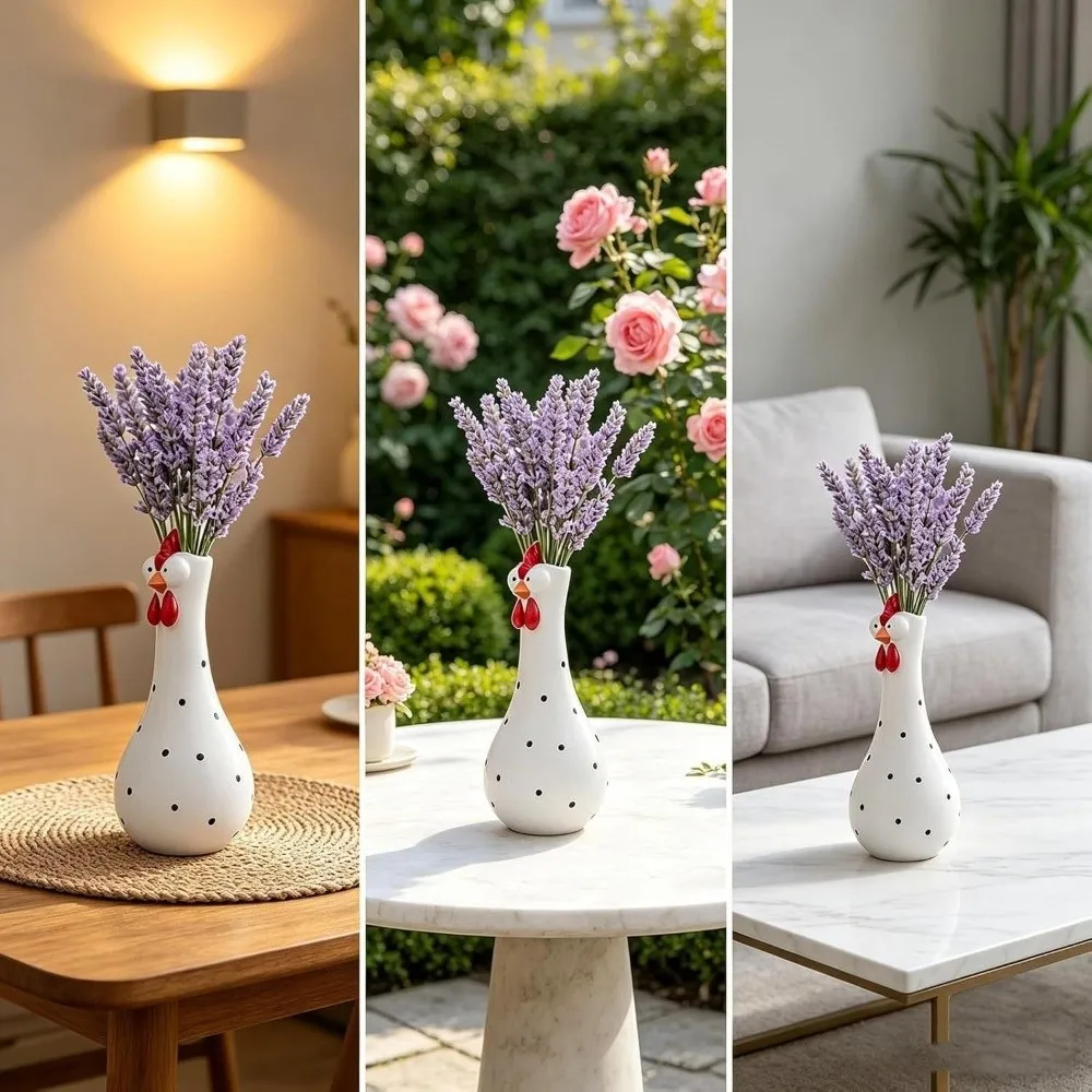 Colorful Dot Long Neck Chicken Vases Resin Art Cartoon Flower Vase Ornament Smooth Waterproof