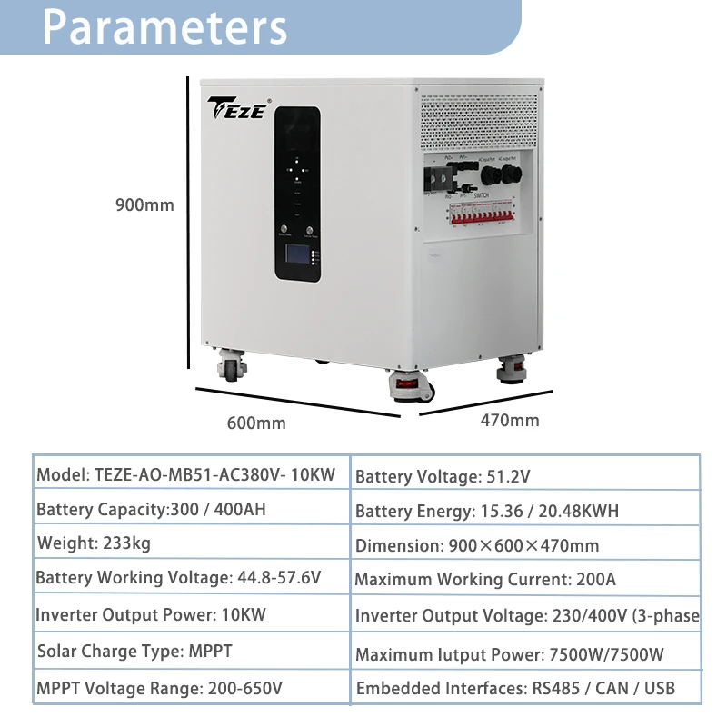 TEZE Three-Phase AC380V 15KWH 20KWH Powerwall 51.2V 300AH/400AH LiFePO4 Battery With Inverter All-in-one  10KW Output