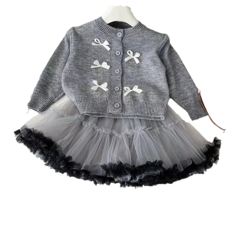 

Girl's Stylish 2-Piece Set for Spring & Autumn Sweet Knit Sweater Cardiga & Gauze Half Skirt Outfit Halloween Princess Dress Set